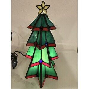 Stained 9” Glass Light up Christmas Tree Tabletop Electric Lamp Night